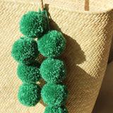 Borneo Serena Straw Tote Bag with Green Pom-poms - THINKVINTAGEONLINE