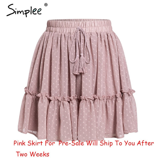 Simplee Casual polka dot mini women skirt High waist A line korean tassel pink summer skirt Sexy ruffle beach female skirts 2019 - THINKVINTAGEONLINE